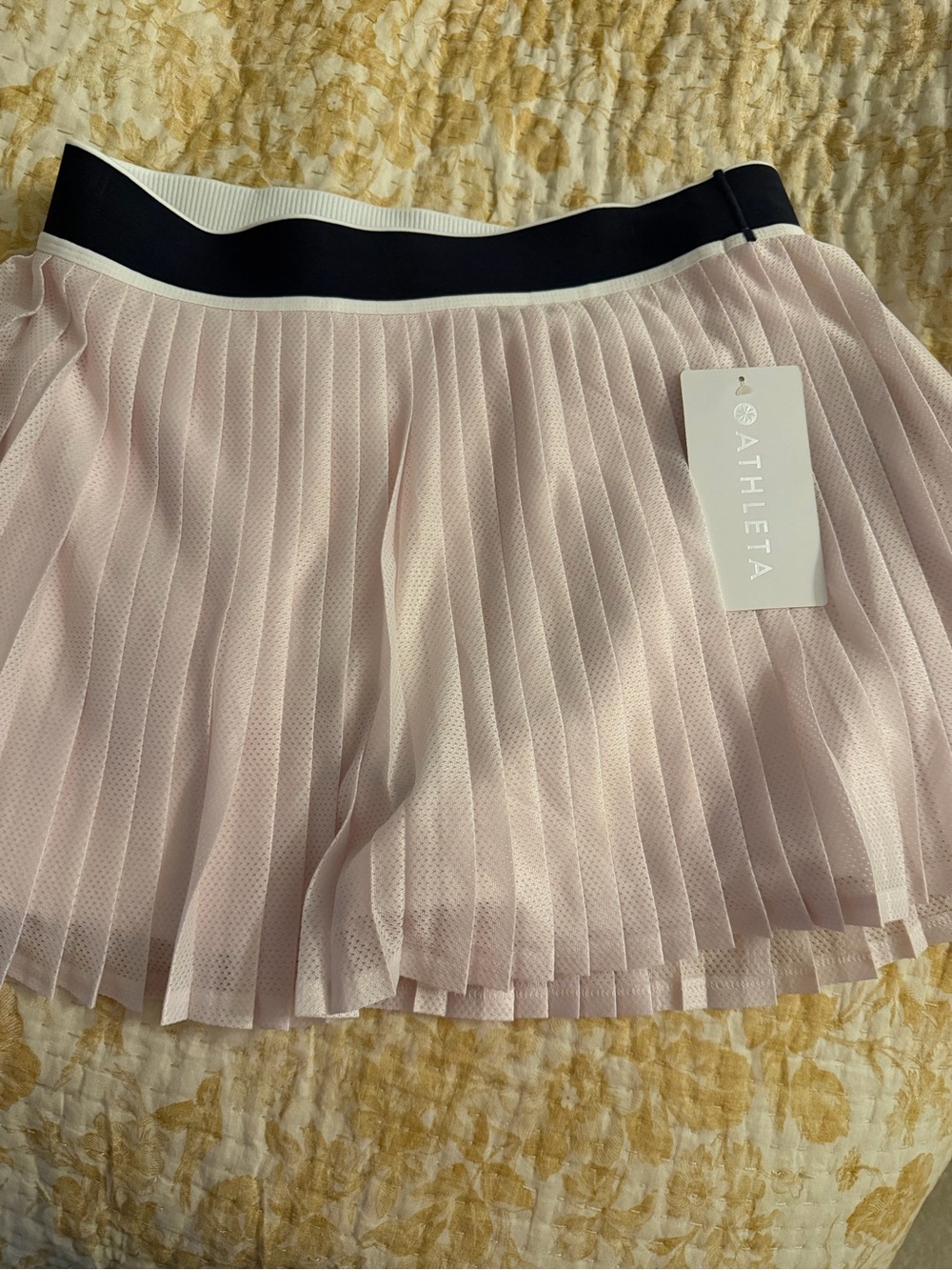 Athleta Pleated Mesh Skater Skirt in Pale Pink with Black Waistband